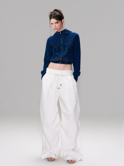The NeverMore Cotton Blend Vintage Curved Cut Natural Waist Women White Wide Leg Pants
