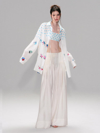 The NeverMore Lightweight Linen Blend Pleated Mid Waist Casual Women Off White Wide Leg Pants