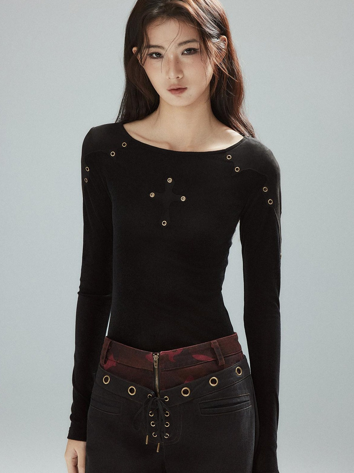Low pixel Slim Fit Patchwork Casual Crewneck Black Stretch Young Women Long Sleeve T-Shirts