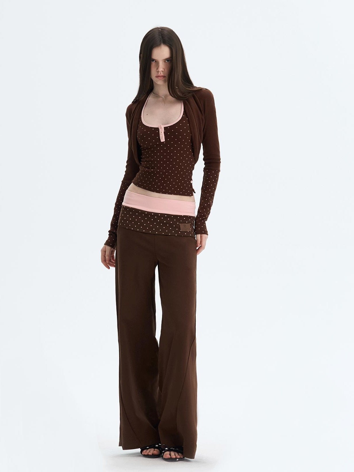The NeverMore Polka Dot Patchwork Three Piece Long Sleeve Women Long Pants Top &amp; Pants Sets