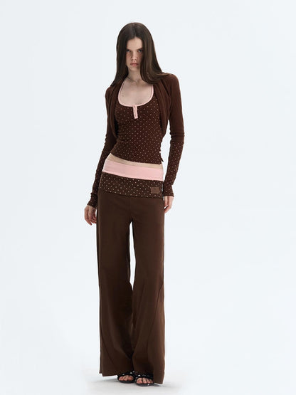 The NeverMore Polka Dot Patchwork Three Piece Long Sleeve Women Long Pants Top &amp; Pants Sets