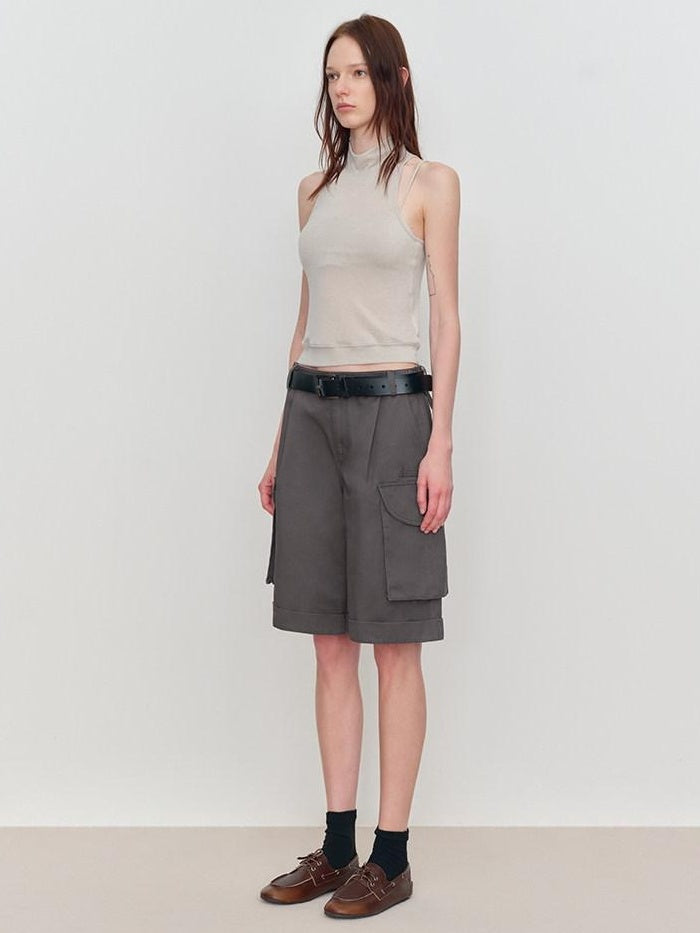 RUN TO THE FUTURE Low Rise Pockets Wide Leg Loose Cotton Women Dark Gray Zip Fly Short Trousers