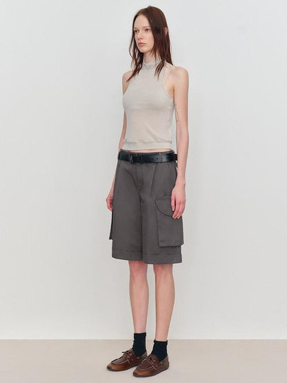 RUN TO THE FUTURE Low Rise Pockets Wide Leg Loose Cotton Women Dark Gray Zip Fly Short Trousers