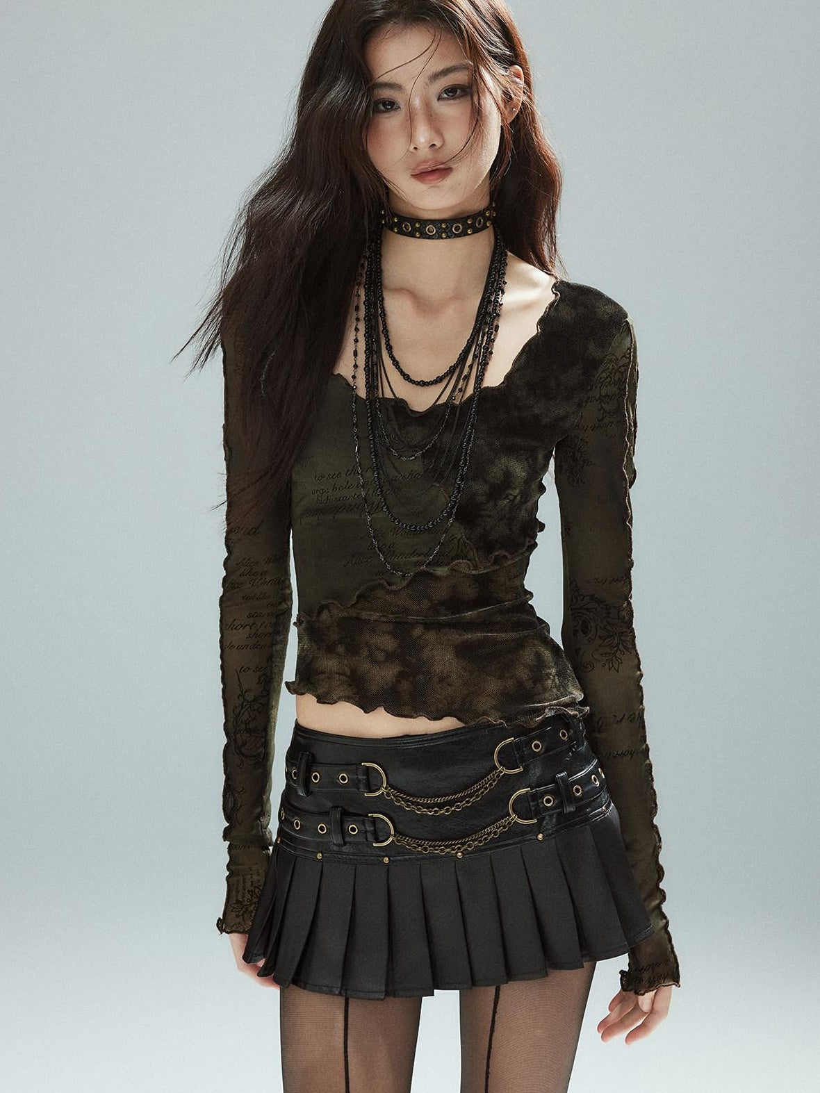 Low pixel Low Waist Pleated A Line Street Patchwork Chain Zipper Lined Black Mini Skirts