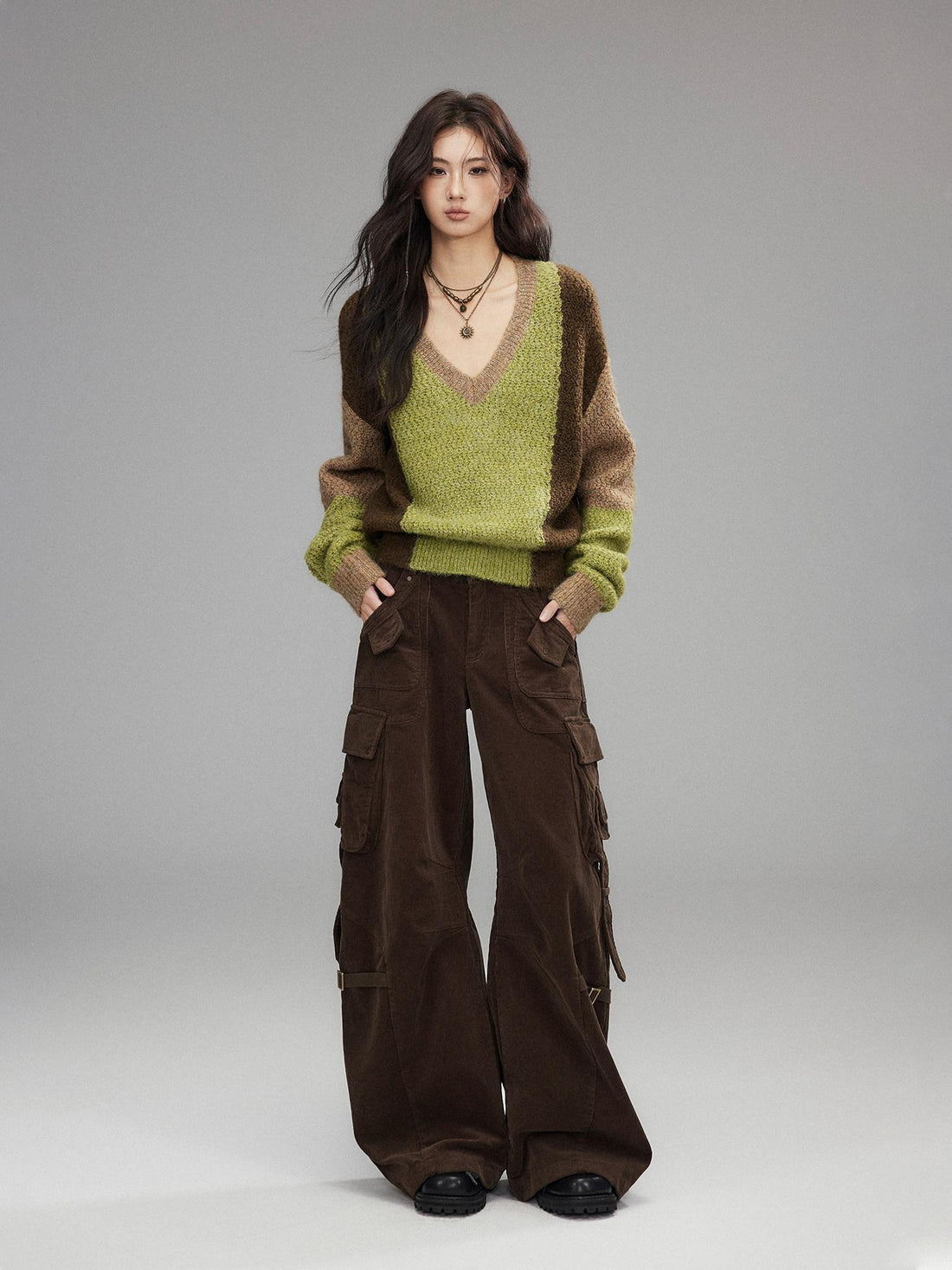 Low pixel Thick Sheep Wool Patchwork Streetwear Loose Fit V-neck Pullover Youth Sweaters