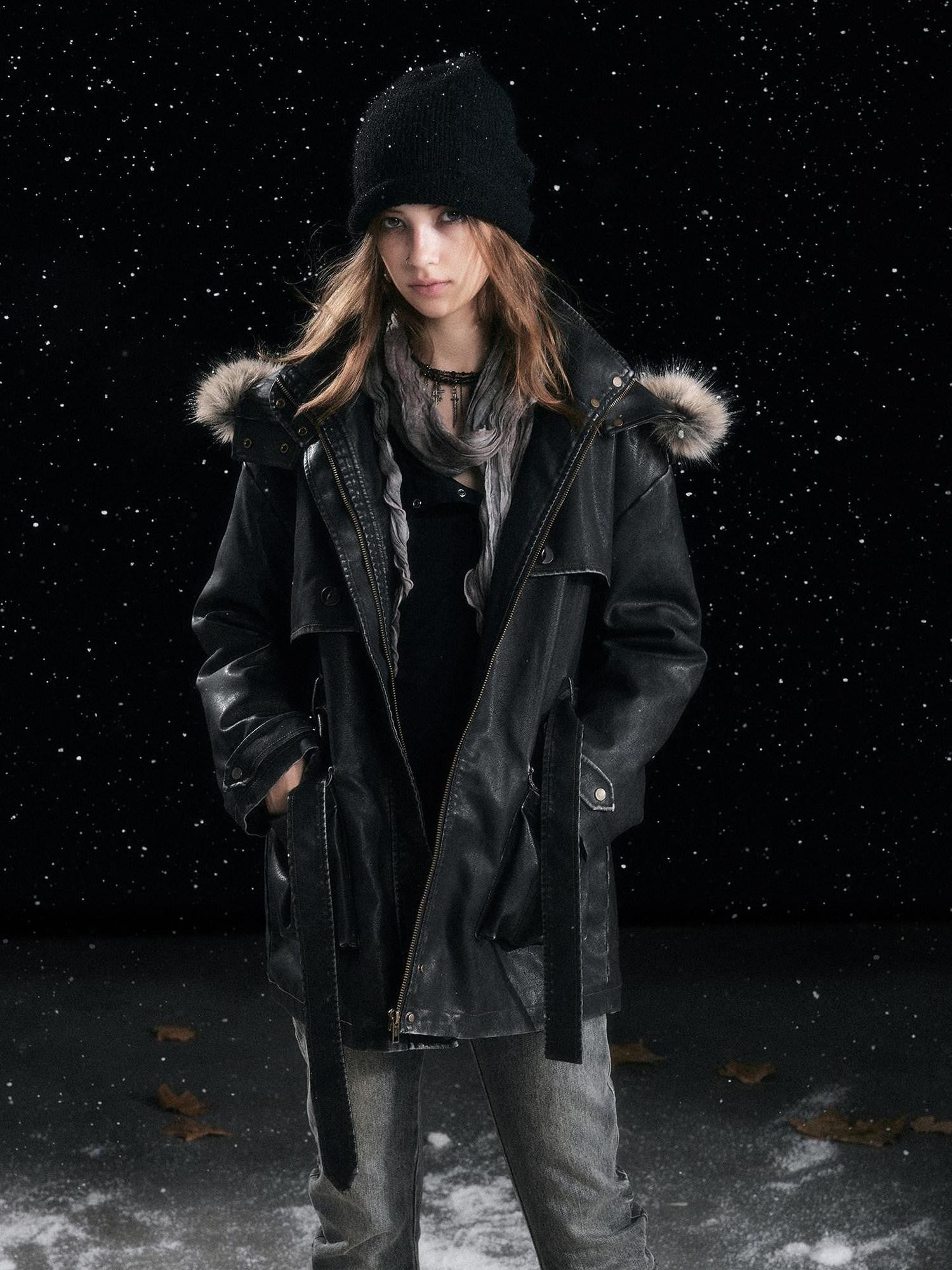 Cest Nous Fur Collar Hooded Utility Distressed Women&