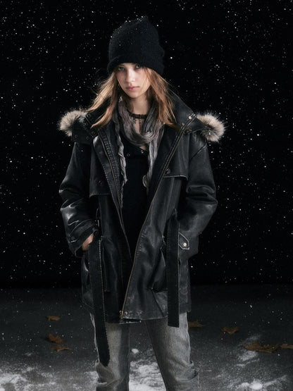 Cest Nous Fur Collar Hooded Utility Distressed Women&