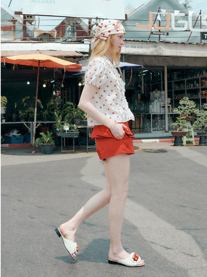 OuttheBlue Waist Cinch Ruffle Casual Puff Sleeve Doll Collar Polka Dot Women Shirts