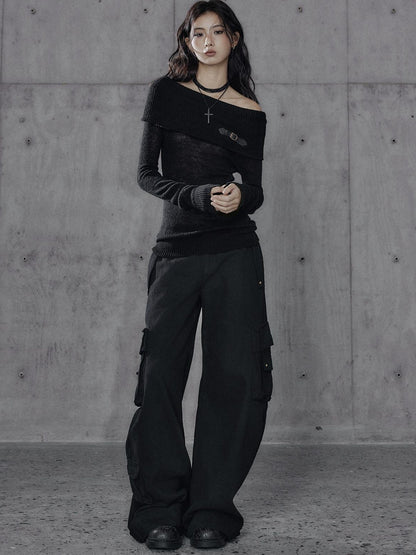 Low pixel Wool Blend Pullover Loose Fit Commuter Boat Neck Black Knit Sweaters