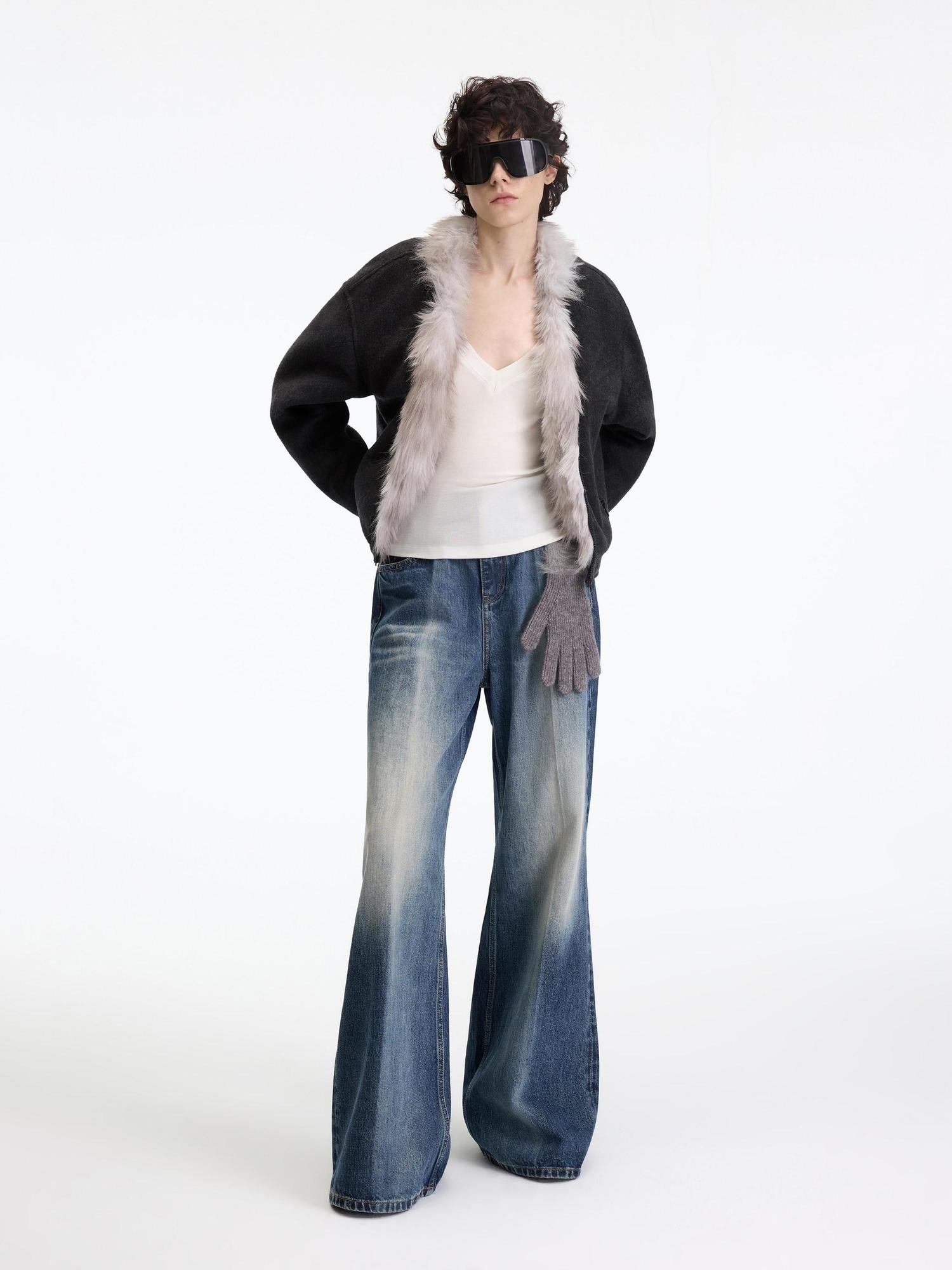 RUN TO THE FUTURE Warm Thick Patchwork Casual Zip Front Fur Collar Women Black Cardigans