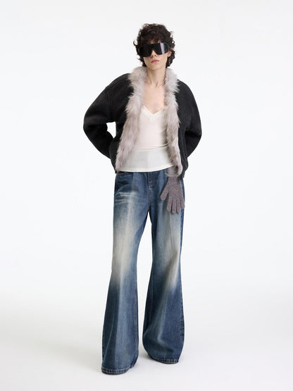 RUN TO THE FUTURE Warm Thick Patchwork Casual Zip Front Fur Collar Women Black Cardigans