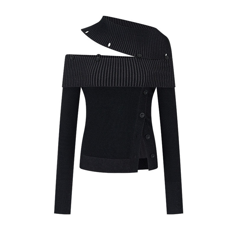 AnnoMundi Viscose Blend Slim Fit Off Shoulder Women Black Grey Long Sleeve T-Shirts