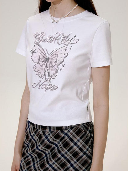 NAPSNAPS Hand Drawn Butterfly Print Slim Cropped Women&