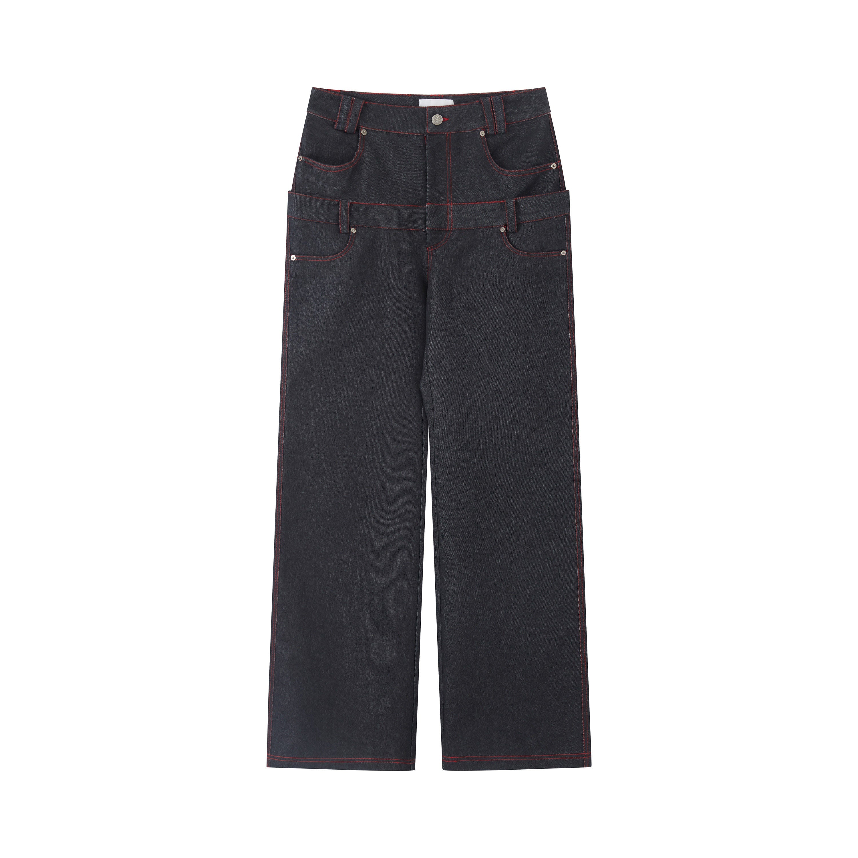RUN TO THE FUTURE Low Rise Colorblock Loose Fit Zip Fly Black Denim Stretch Wide-Leg Jeans