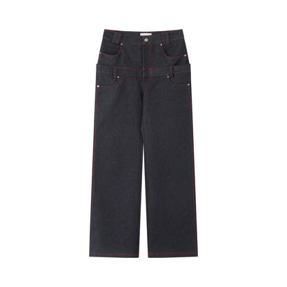 RUN TO THE FUTURE Low Rise Colorblock Loose Fit Zip Fly Black Denim Stretch Wide-Leg Jeans