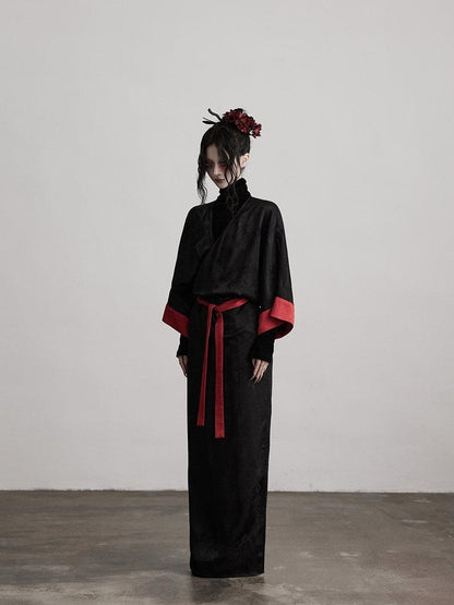 INDULGE Gothic V-neck Viscose Flared Loose Casual Womens Black Trench Coats