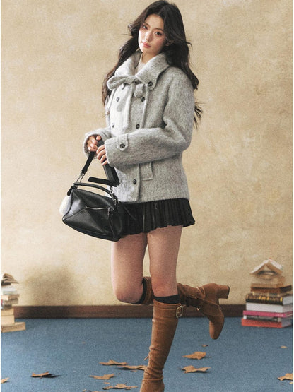 7Shiftin Warm Casual Fitted Waist Bow Detail Double Breasted Cropped Women Knit Sweaters