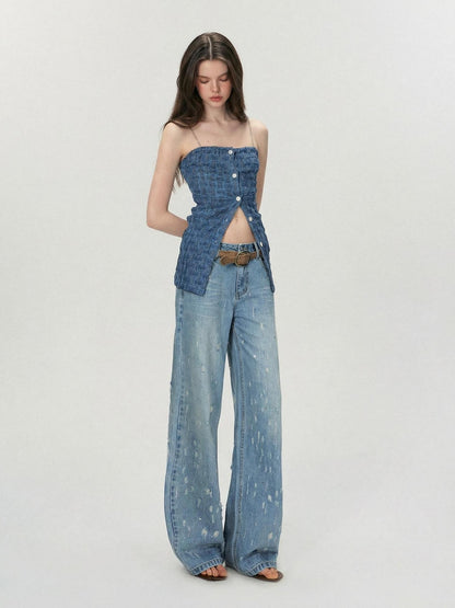 The NeverMore Crystal Trim Relaxed Natural Waist Women Washed Blue Zipper Straight Leg Jeans