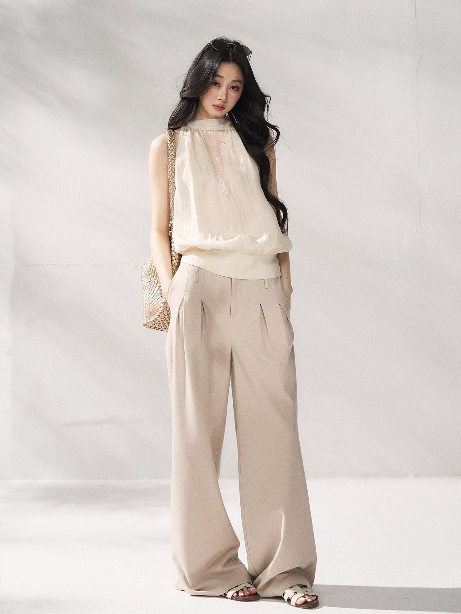 7Shiftin Comfort Stretch Natural Waist Casual Straight Hem Women Khaki Wide Leg Pants