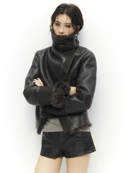Low pixel Warm Faux Shearling Waisted Gothic Short Zip Women Coffee Cropped Jackets