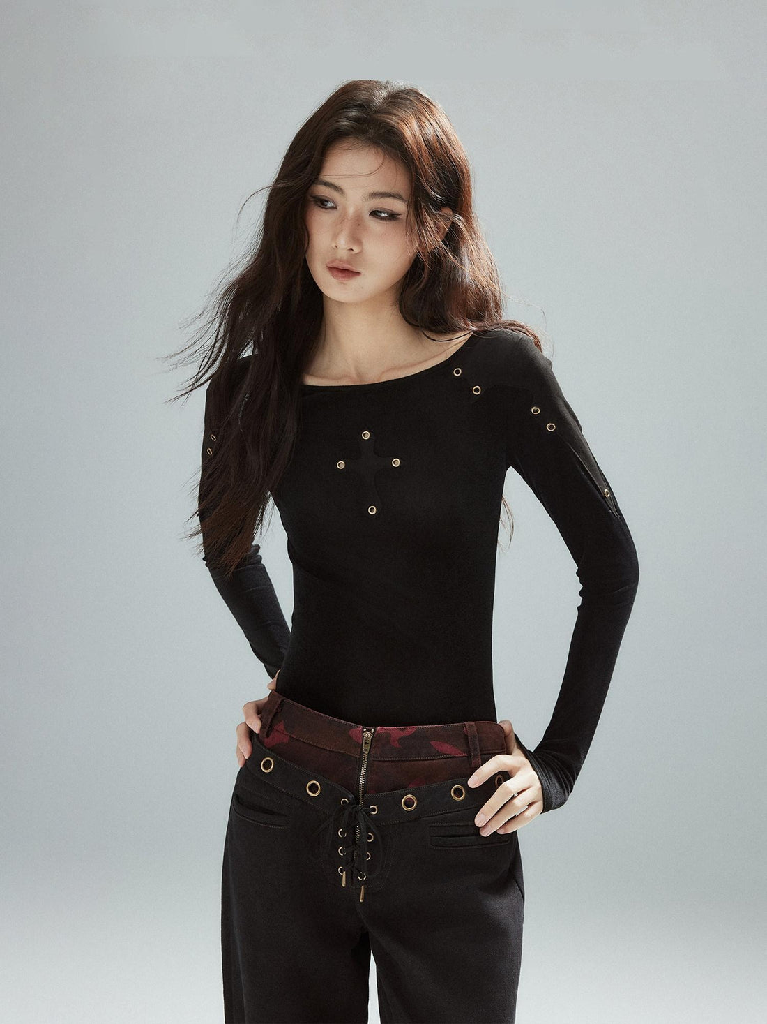 Low pixel Slim Fit Patchwork Casual Crewneck Black Stretch Young Women Long Sleeve T-Shirts