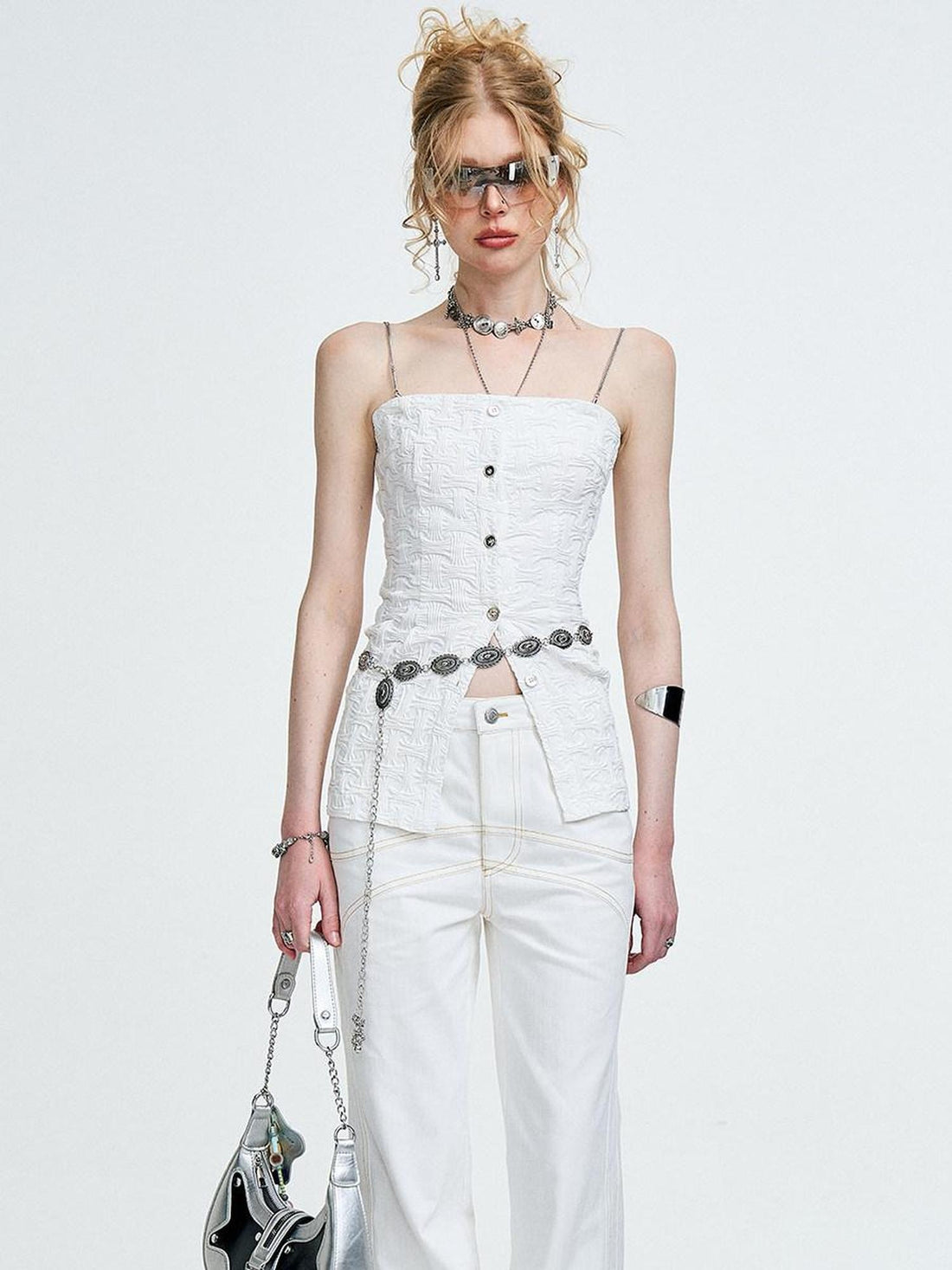 The NeverMore 3D Chain Ruffle Button Original Slim Fit Cotton Blend Solid White Camisoles