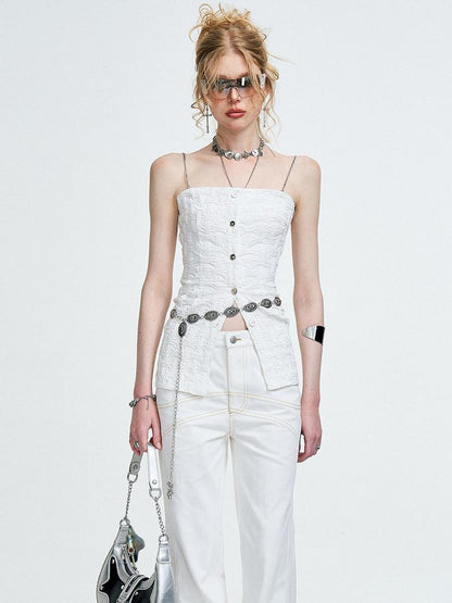 The NeverMore 3D Chain Ruffle Button Original Slim Fit Cotton Blend Solid White Camisoles