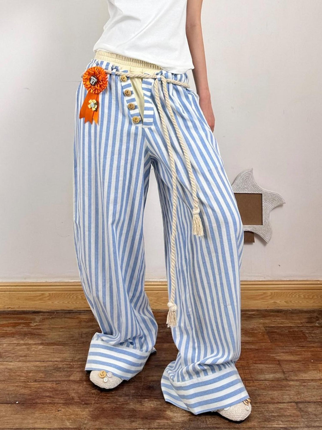 nit alcove Comfort Commuter Striped Pocket Natural Waist Cotton Blend Girls Wide Leg Pants