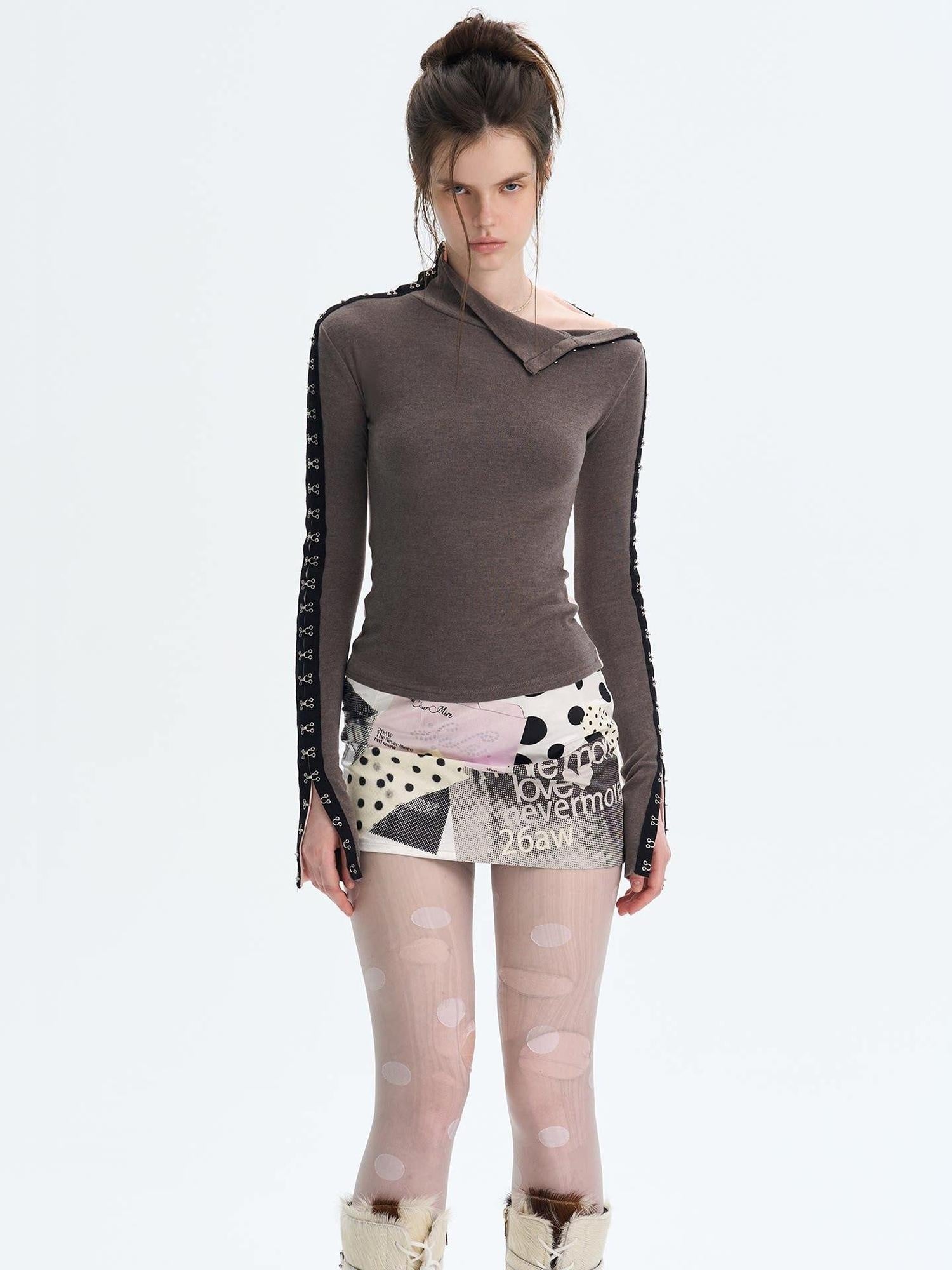 The NeverMore Brushed Viscose Spandex Sexy Slim Half Open Collar Long Sleeve Crop Tops