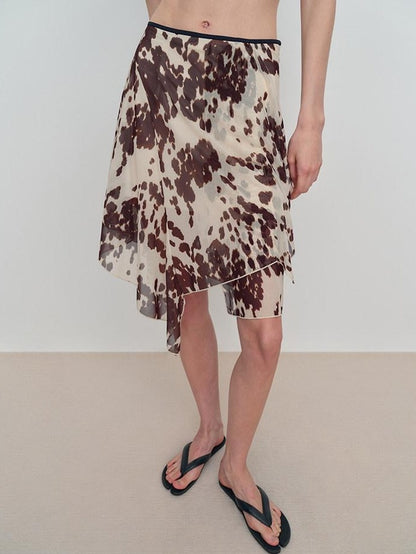 RUN TO THE FUTURE Breathable Lined Asymmetric A Line Casual Low Waist Cow Print Women Midi Skirts