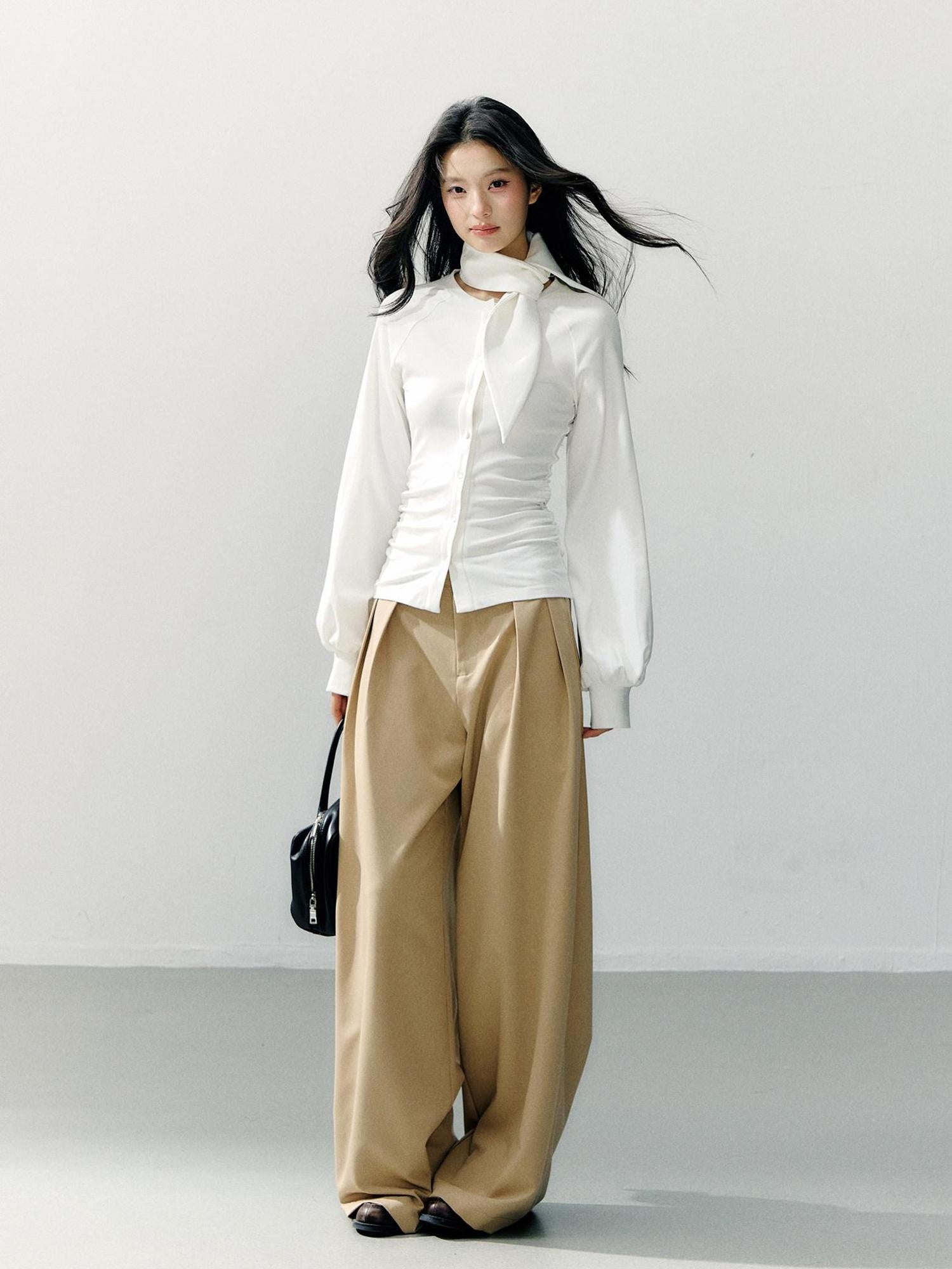7Shiftin Detachable Lace Trim Natural Waist Casual Khaki Women Wide Leg Pants