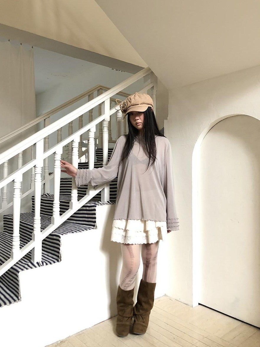 ang project Mocha Sheer Mesh Layered Ruffle Round Neck Women&