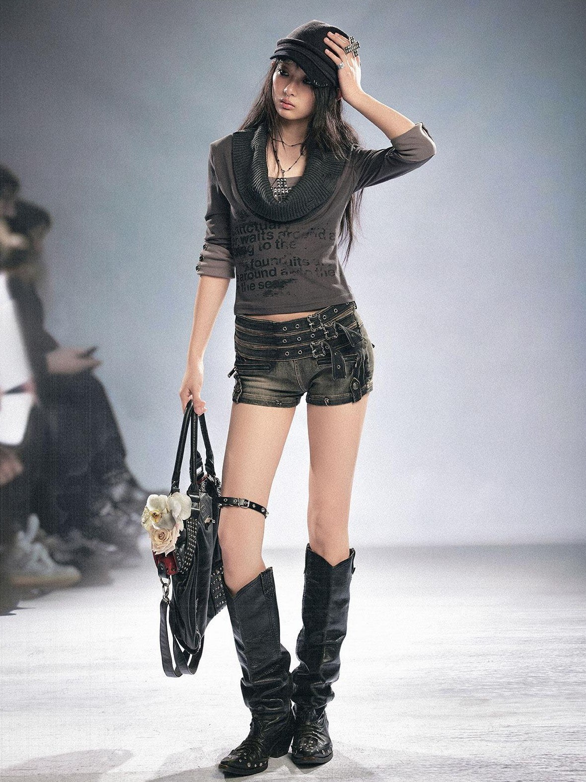Cest Nous Punk Graffiti Print Cross Rhinestone Ripped Women&