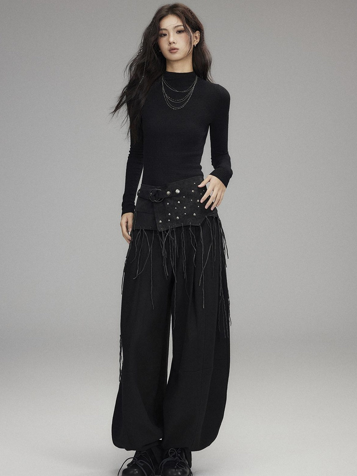 Low pixel Low Rise Wool Blend Micro Stretch Casual Zip Fly Women Black Wide Leg Pants