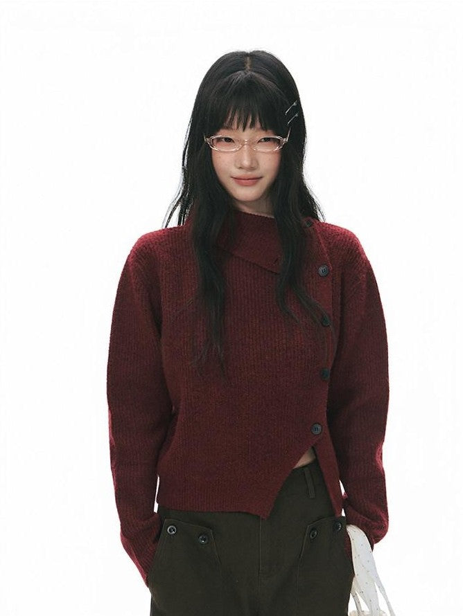 NAPSNAPS Rust Red Asymmetrical Placket Knit Mock Neck Women&