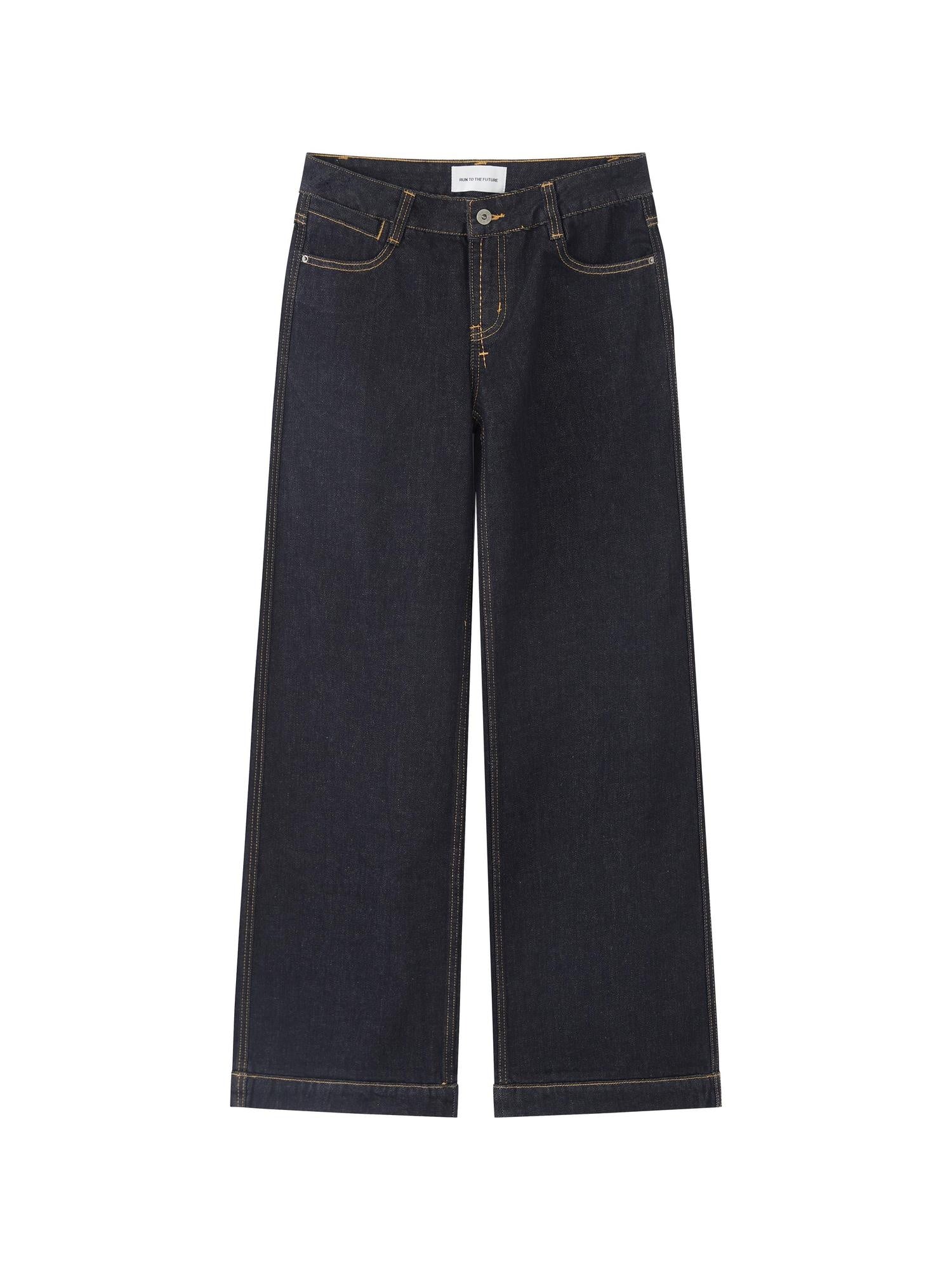 RUN TO THE FUTURE Comfort Cotton Blend Low Rise Long Length Dark Raw Denim Classic Straight Jeans