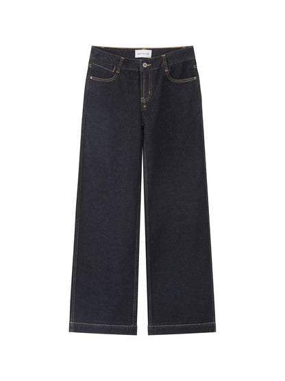 RUN TO THE FUTURE Comfort Cotton Blend Low Rise Long Length Dark Raw Denim Classic Straight Jeans