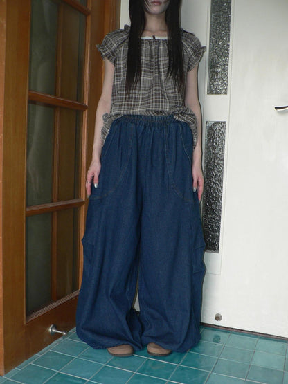 ang project Deep Blue Vintage Pleated Elastic Waist Loose Fit Women&