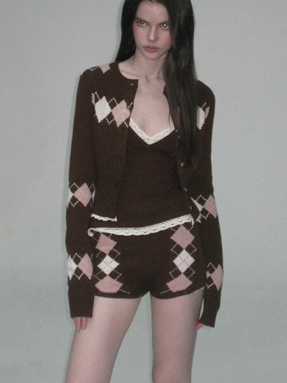 The NeverMore Cashmere Blend Sexy Argyle Button Cardigan Shorts Women Top &amp; Shorts Sets