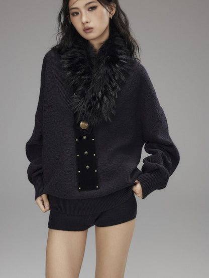 Low pixel Knitted Wool Blend Loose Street Style Women Two Piece Set Navy Mini Shorts