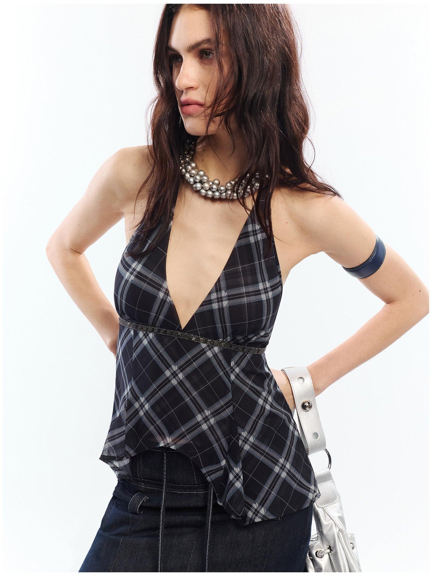 2th Desire Printed Plaid Halter V-neck Slim Fit Polyester Women Chic Tank Tops
