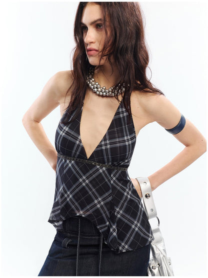 2th Desire Printed Plaid Halter V-neck Slim Fit Polyester Women Chic Tank Tops