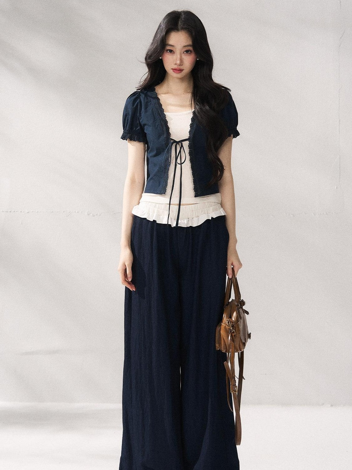 7Shiftin Nylon Cotton Blend Relaxed Natural Waist Women Solid Navy Wide Leg Pants