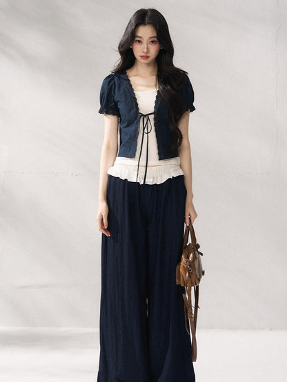 7Shiftin Nylon Cotton Blend Relaxed Natural Waist Women Solid Navy Wide Leg Pants
