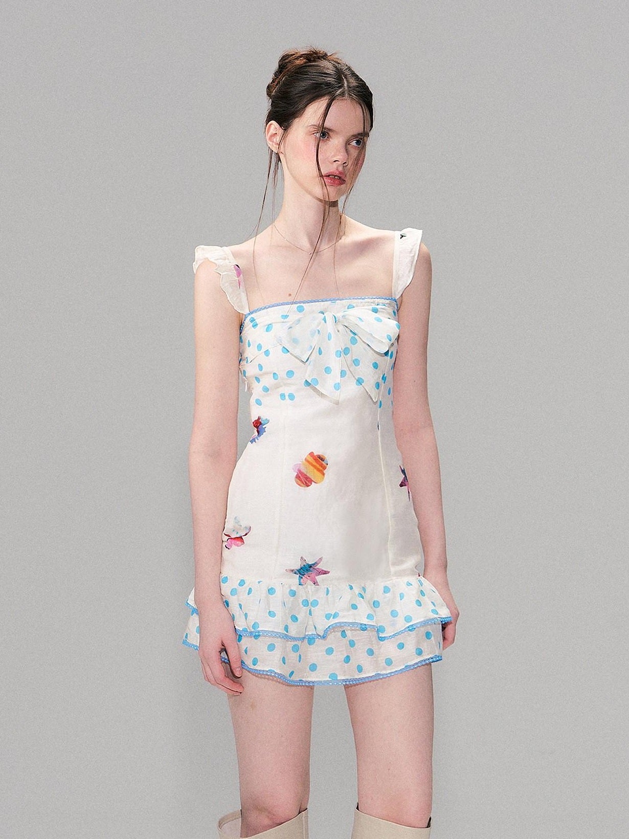 The NeverMore Linen Tie Waist Square Neck Aline Slim Ladies Printed Mini Dresses