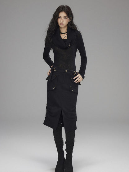 Low pixel Wool Blend Low Rise Cargo Pockets Front Slit Hline Casual Black Midi Skirts