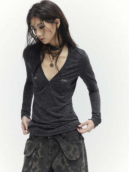 Low pixel Linen Blend Printed Slim Fit V-neck Women Black Long Sleeve T-Shirts