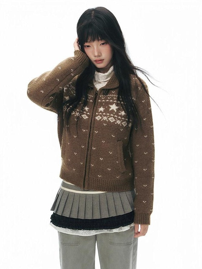 NAPSNAPS Vintage Fair Isle Star Knit Turndown Collar Women&