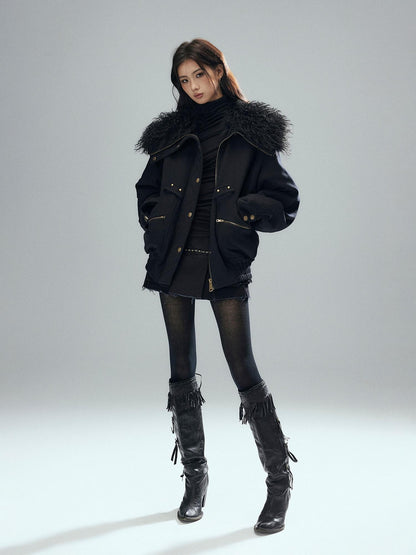 Low pixel Thick Wool Blend Multi Pocket Loose Fit Sexy Girl Black Zipper Cropped Jackets