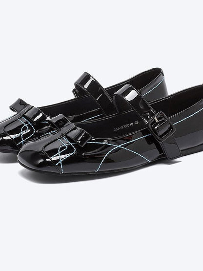 RUN TO THE FUTURE Sheepskin Insole Vintage Square Toe One Strap Low Heel Rubber Sole Women Flats